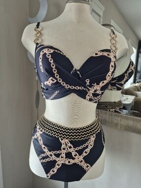 Black Chain Print High-Waist Bikini Set